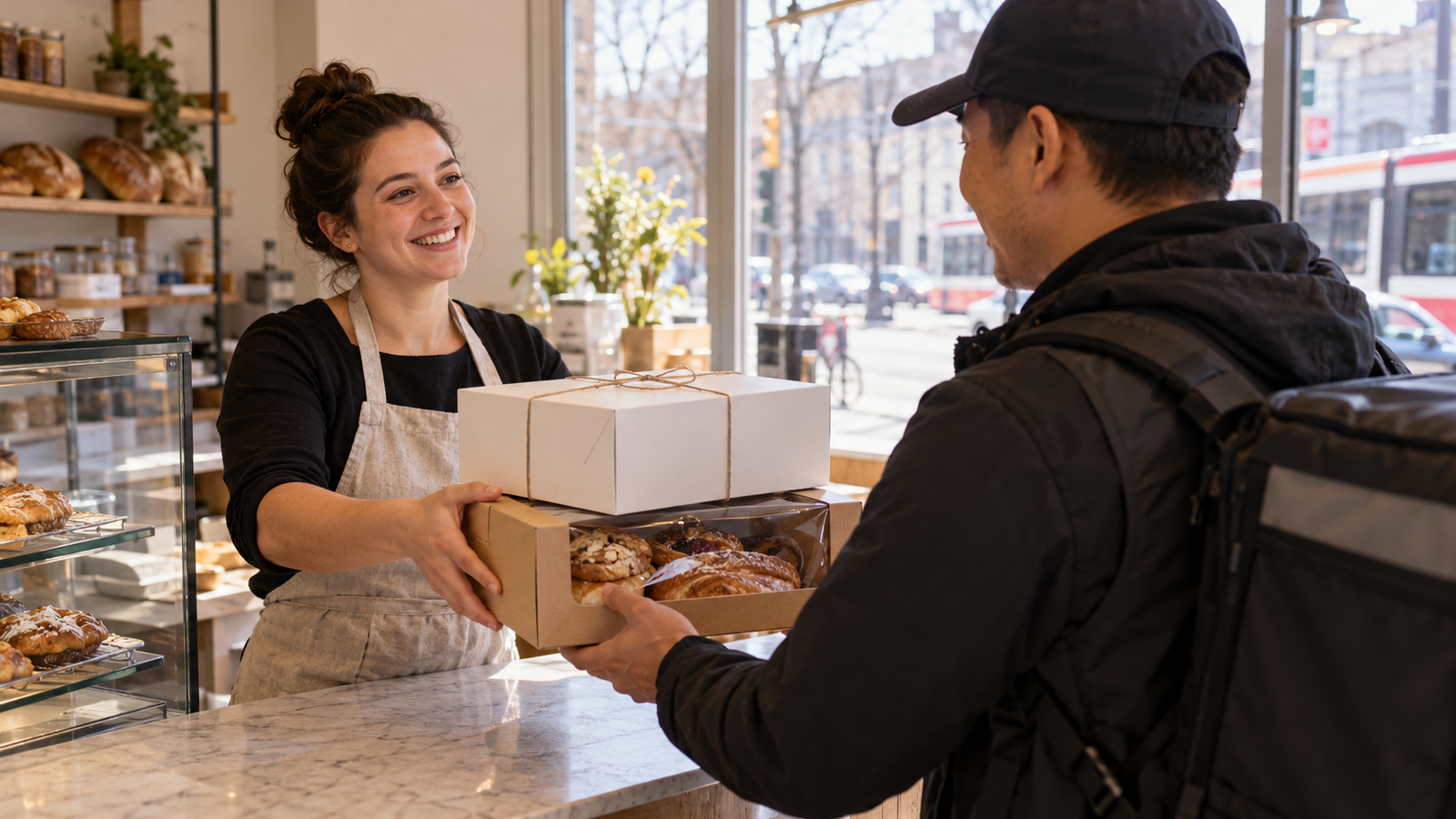 Toronto bakery owner handing securely boxed cakes and pastries to a local courier