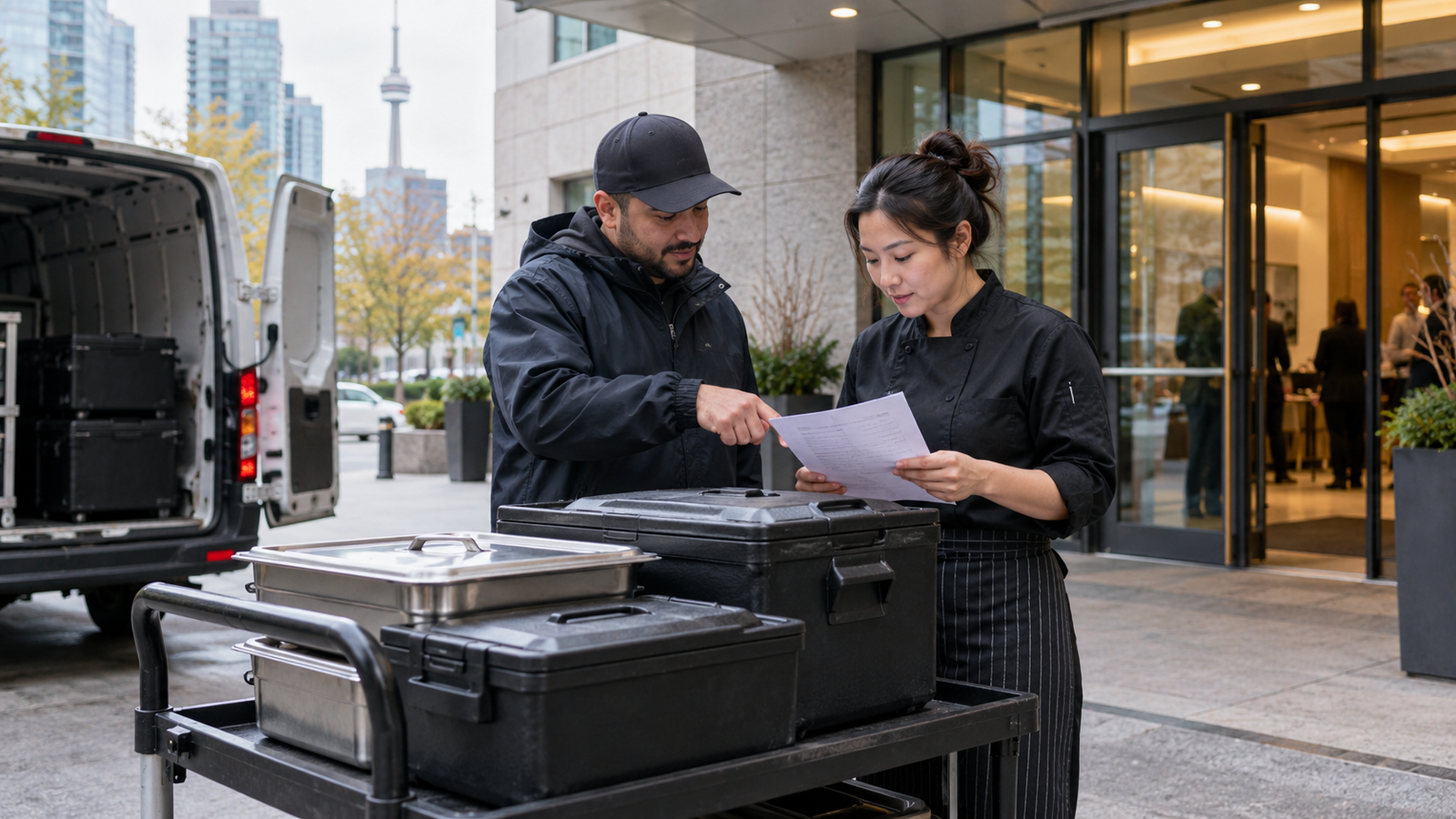 Caterer and courier checking closed food containers and a delivery list outside a Toronto event venue