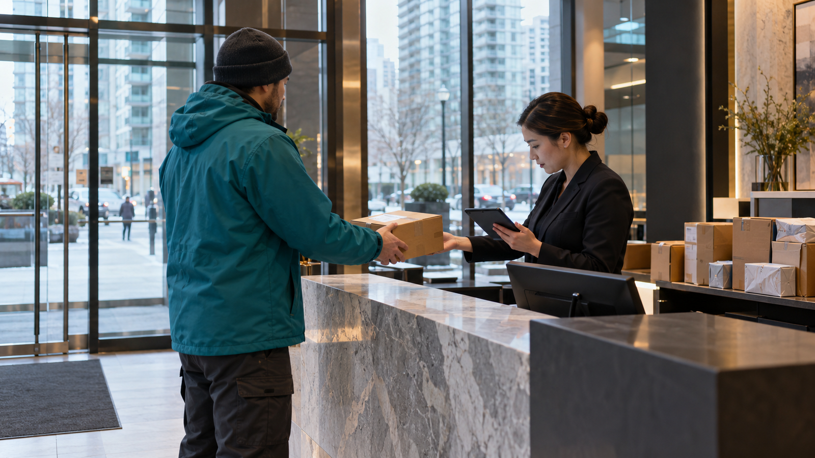 Courier handing a sealed parcel to a concierge at a Toronto condominium reception desk