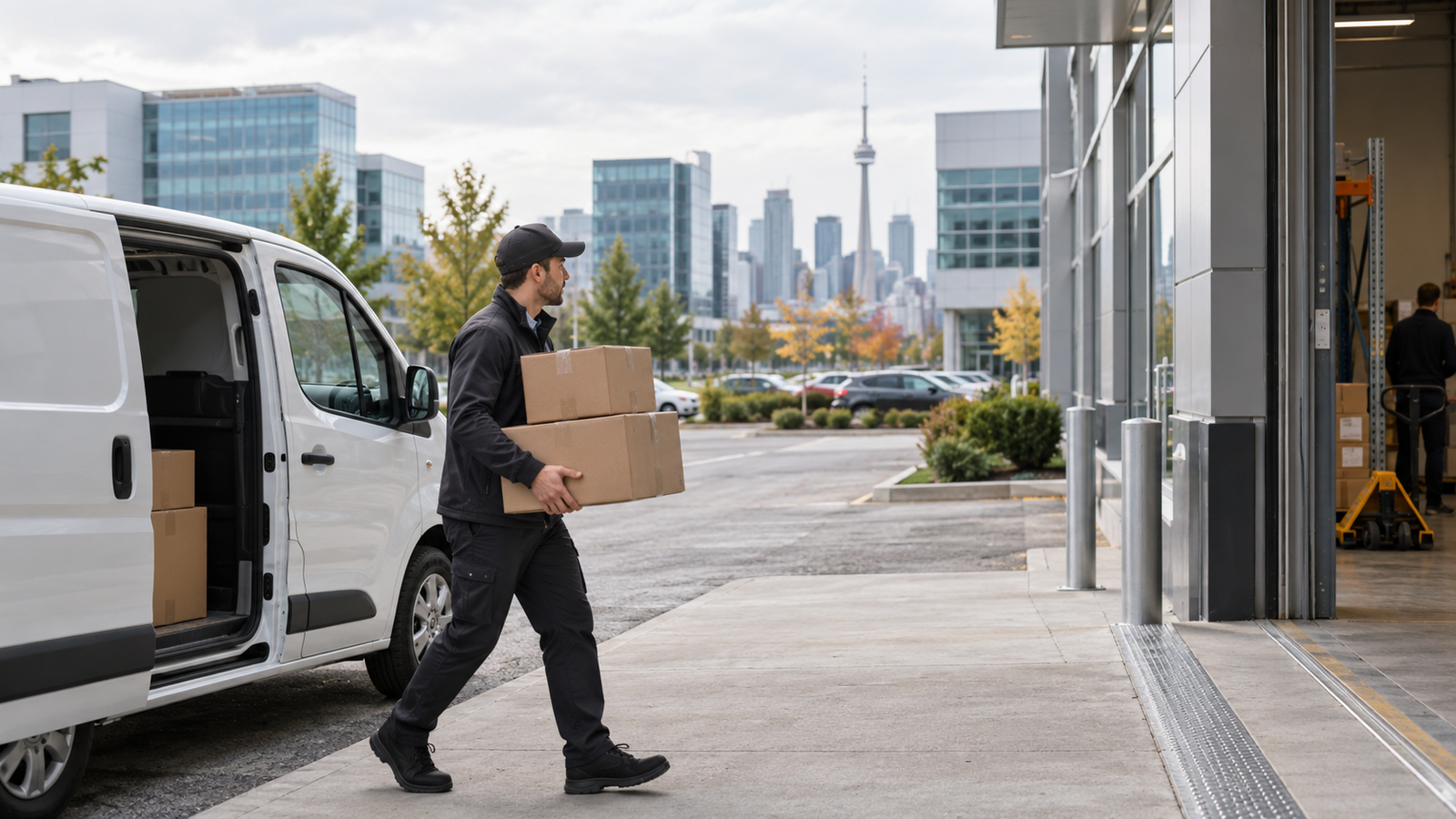 Local courier carrying business parcels from a white van toward a GTA office receiving area.