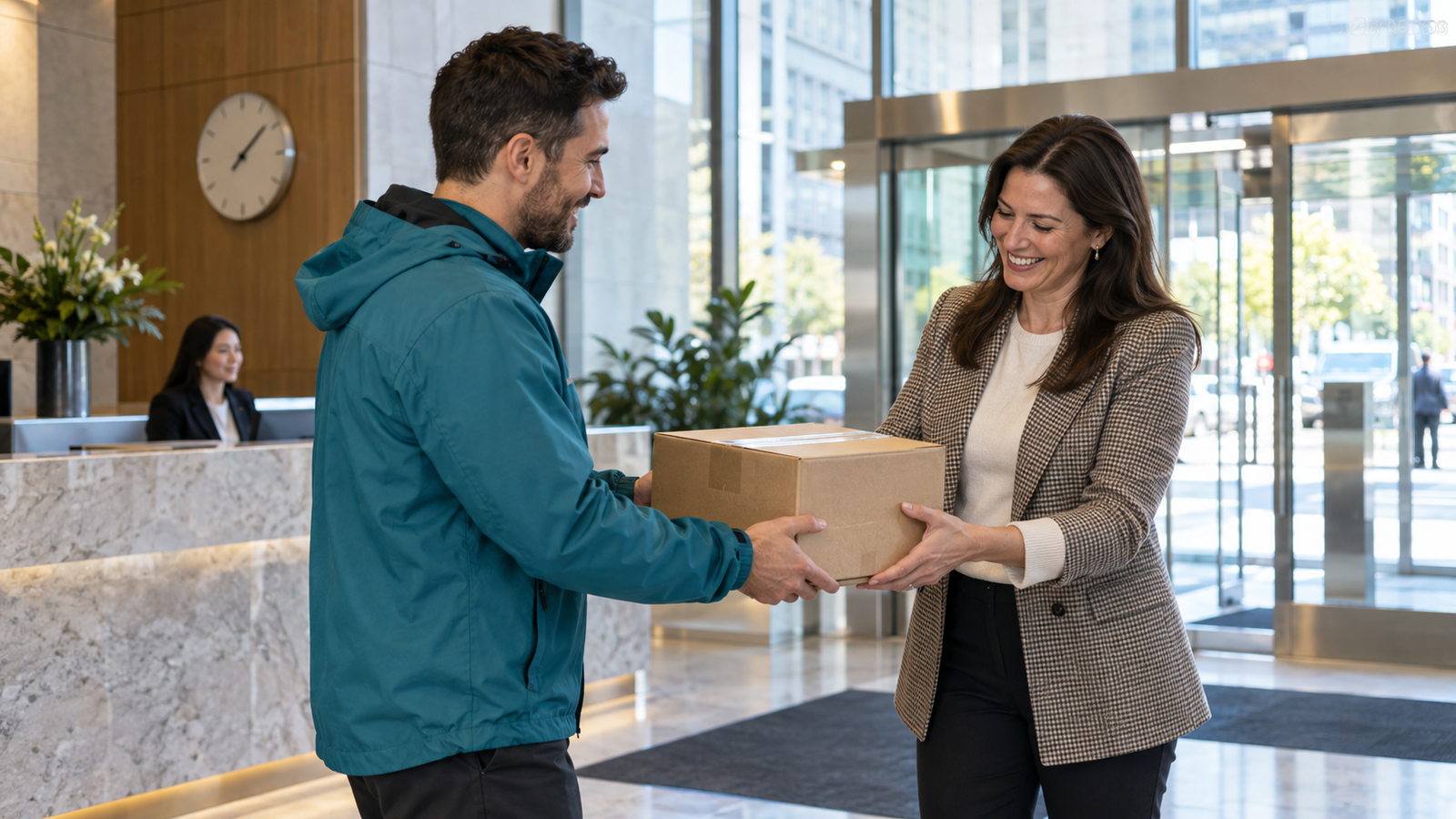 Professional same-day courier carrying an urgent business package in downtown Toronto