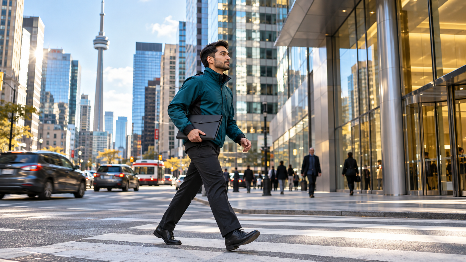 Courier carrying a business document folio through downtown Toronto toward an office building