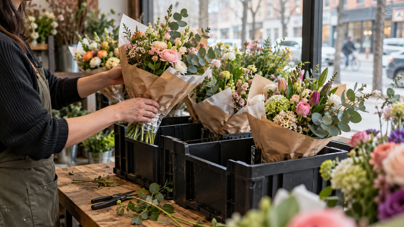 Illustrative image of a florist securing fresh bouquets upright in crates before a local delivery pickup