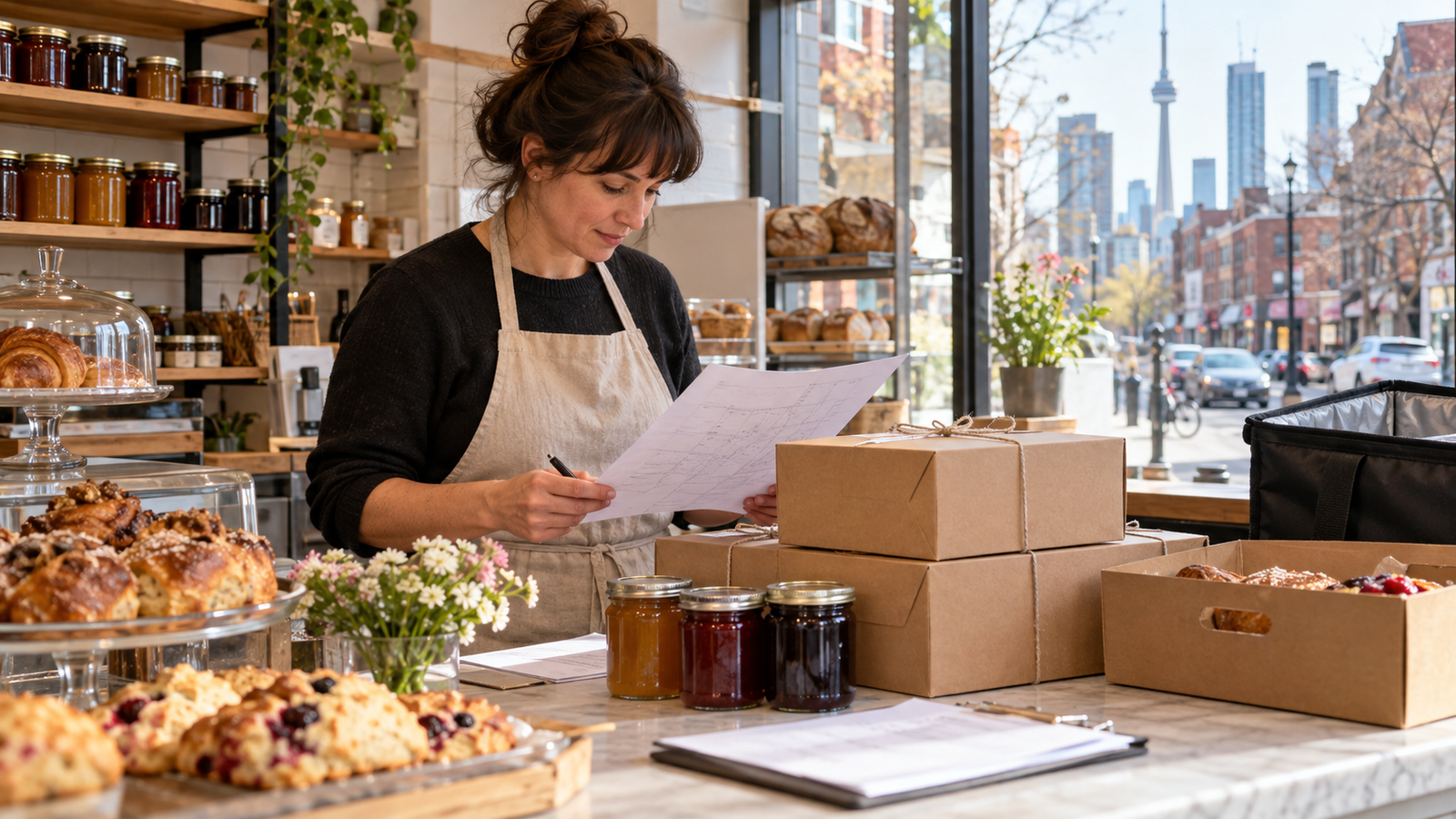 Illustrative image of a Toronto small food business owner planning local delivery routes beside packed pastries and jars