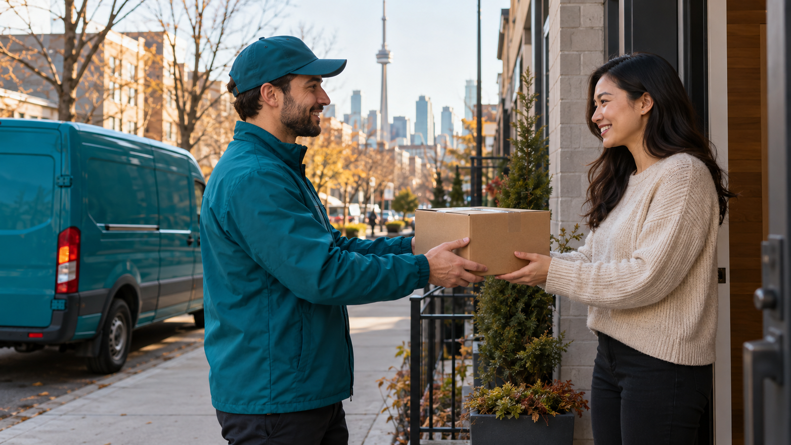 Courier handing a parcel to a customer outside a Toronto home, with a teal delivery van nearby.