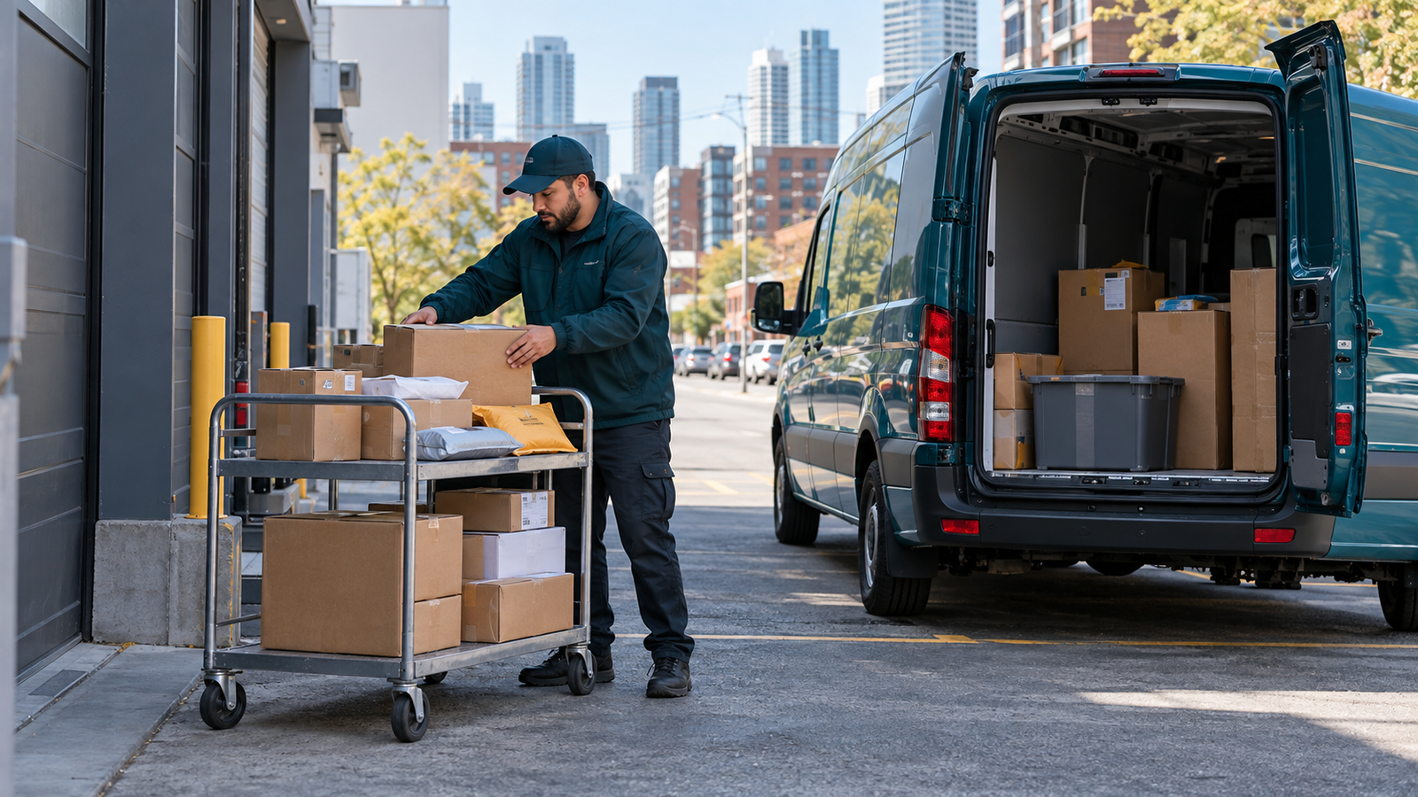 Courier sorting parcels on a rolling cart beside a teal delivery van at a Toronto loading area