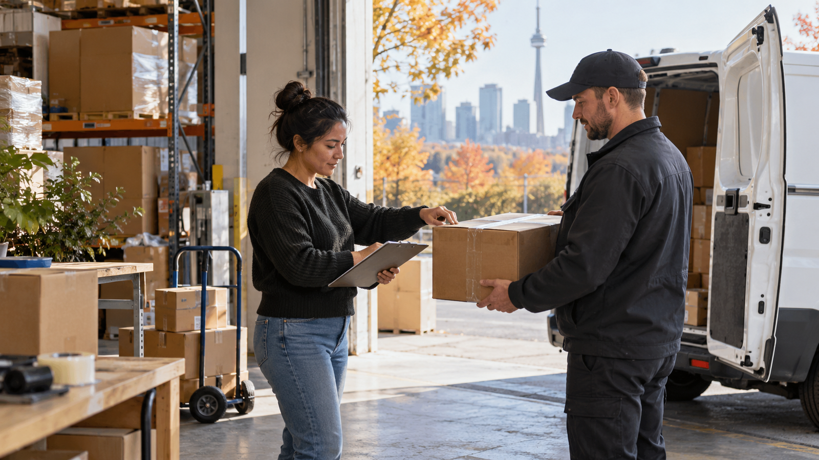 Small Toronto-area supplier handing a sealed parcel to a courier at a warehouse loading door