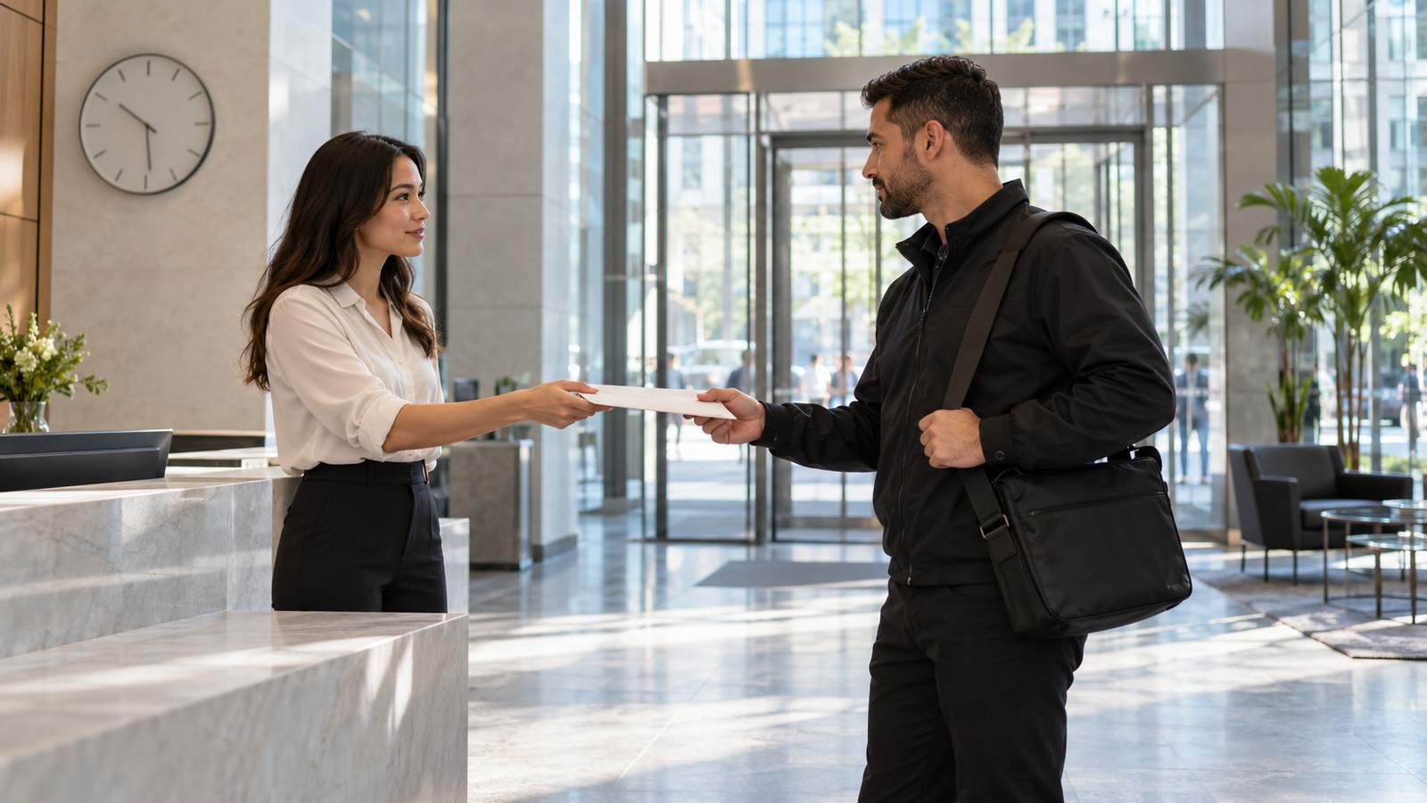 Toronto office administrator handing a document envelope to a local courier in a business lobby.