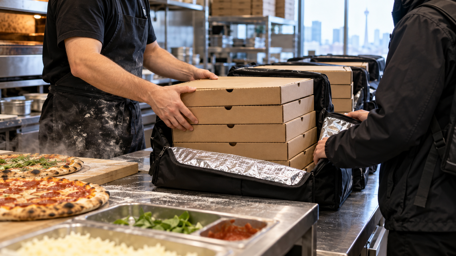 Illustrative photo of a Toronto pizzeria worker handing stacked pizza boxes in insulated carriers to a courier for a large business order