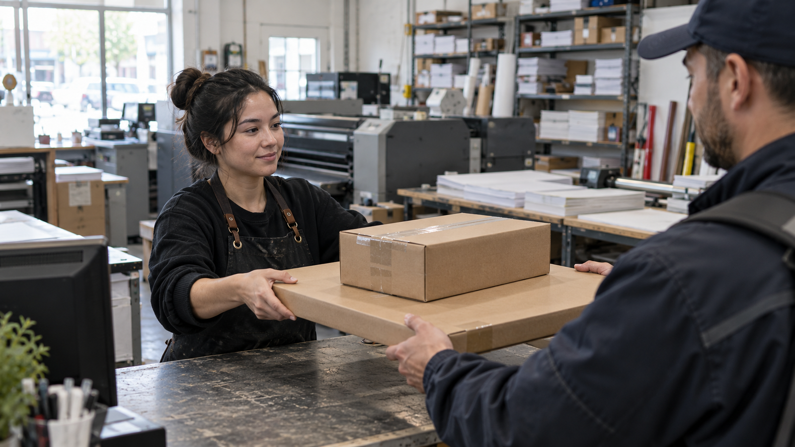 Illustrative image of a GTA print-shop employee handing closed flat and boxed materials to a courier