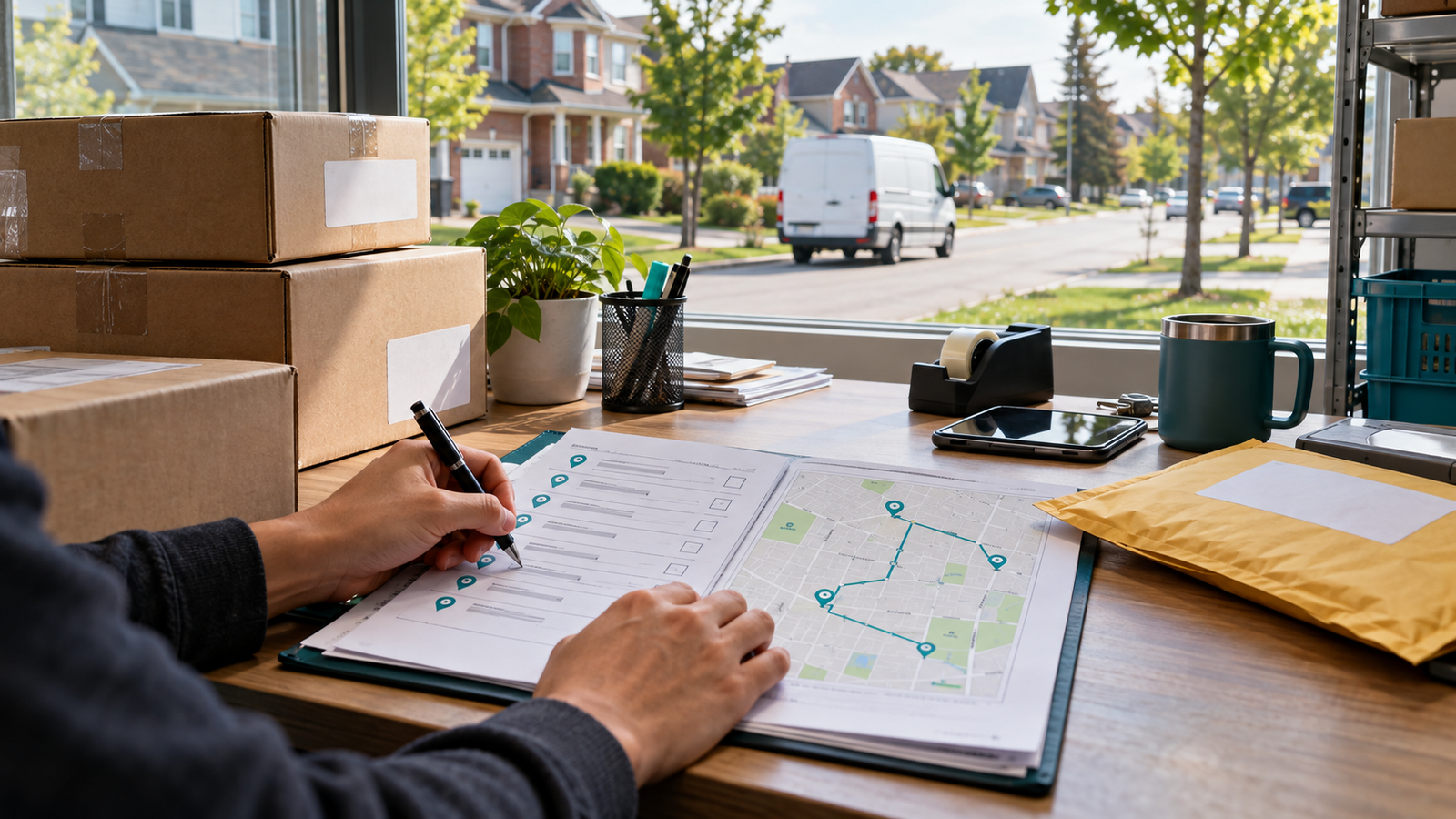 Illustrative photo of a GTA small business dispatcher planning repeat parcel stops beside a separate one-time envelope