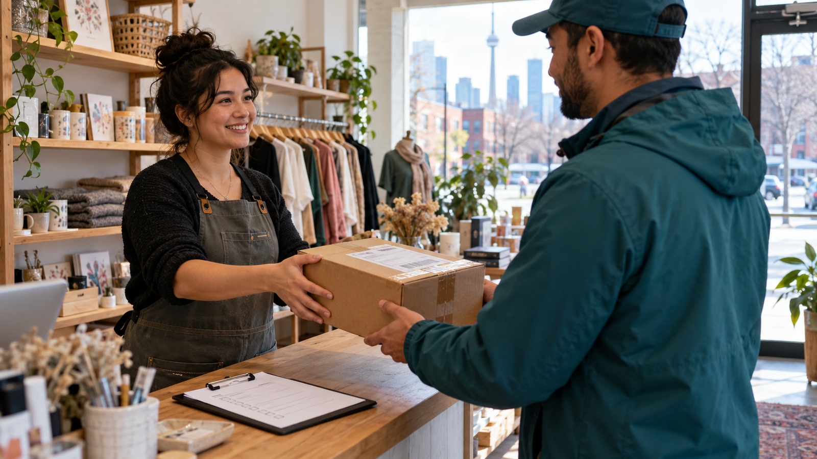 Independent Toronto shop employee and courier exchanging a sealed retail return parcel at a counter