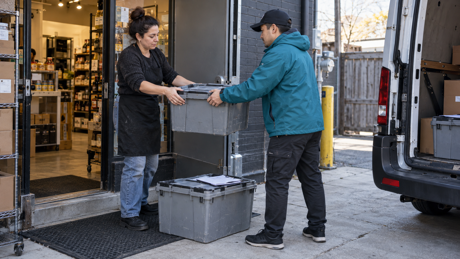 Courier and shop employee handing over sealed inventory totes at a GTA retail receiving door