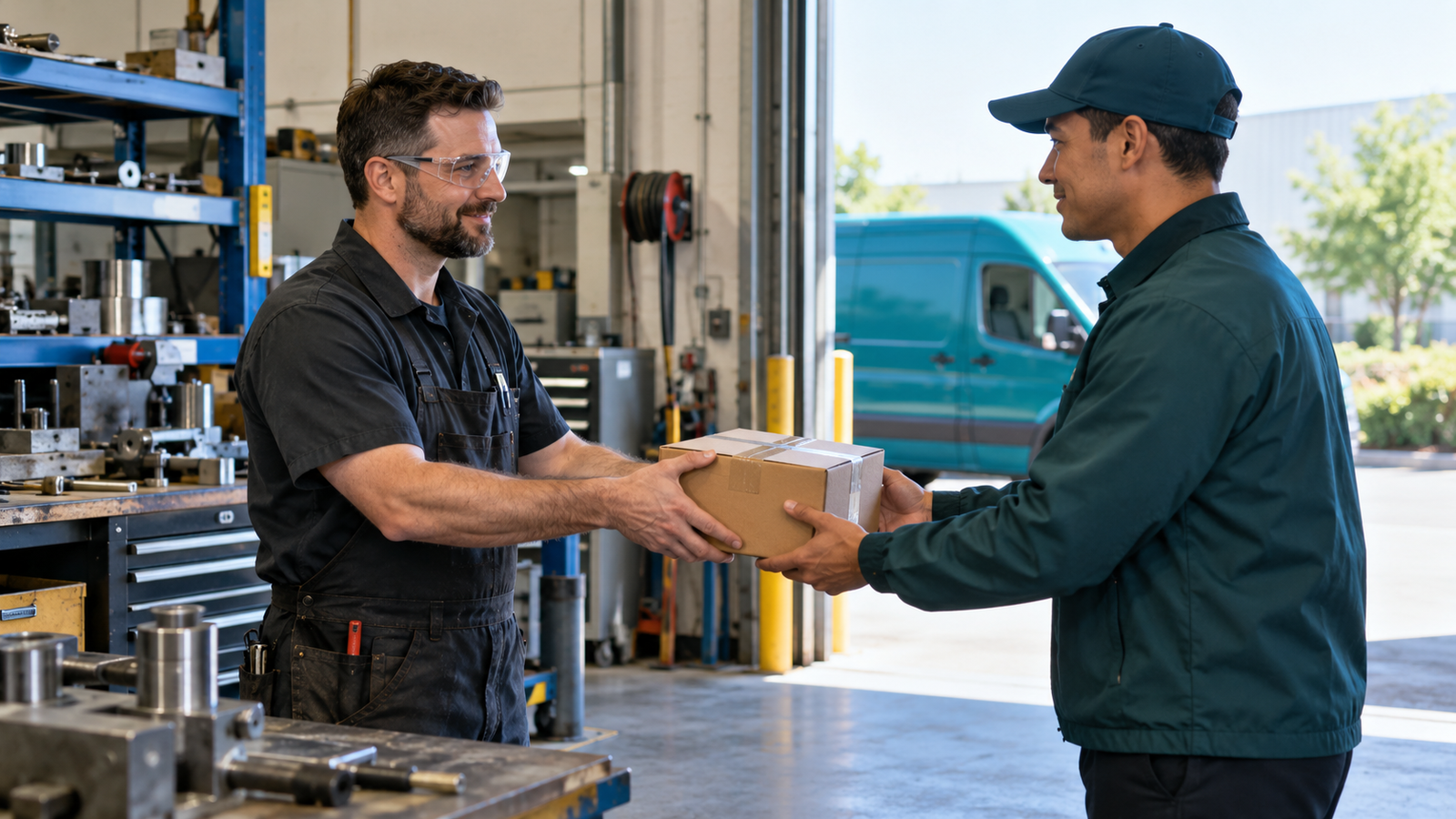 Workshop employee handing a sealed parts carton to a courier at a GTA loading bay