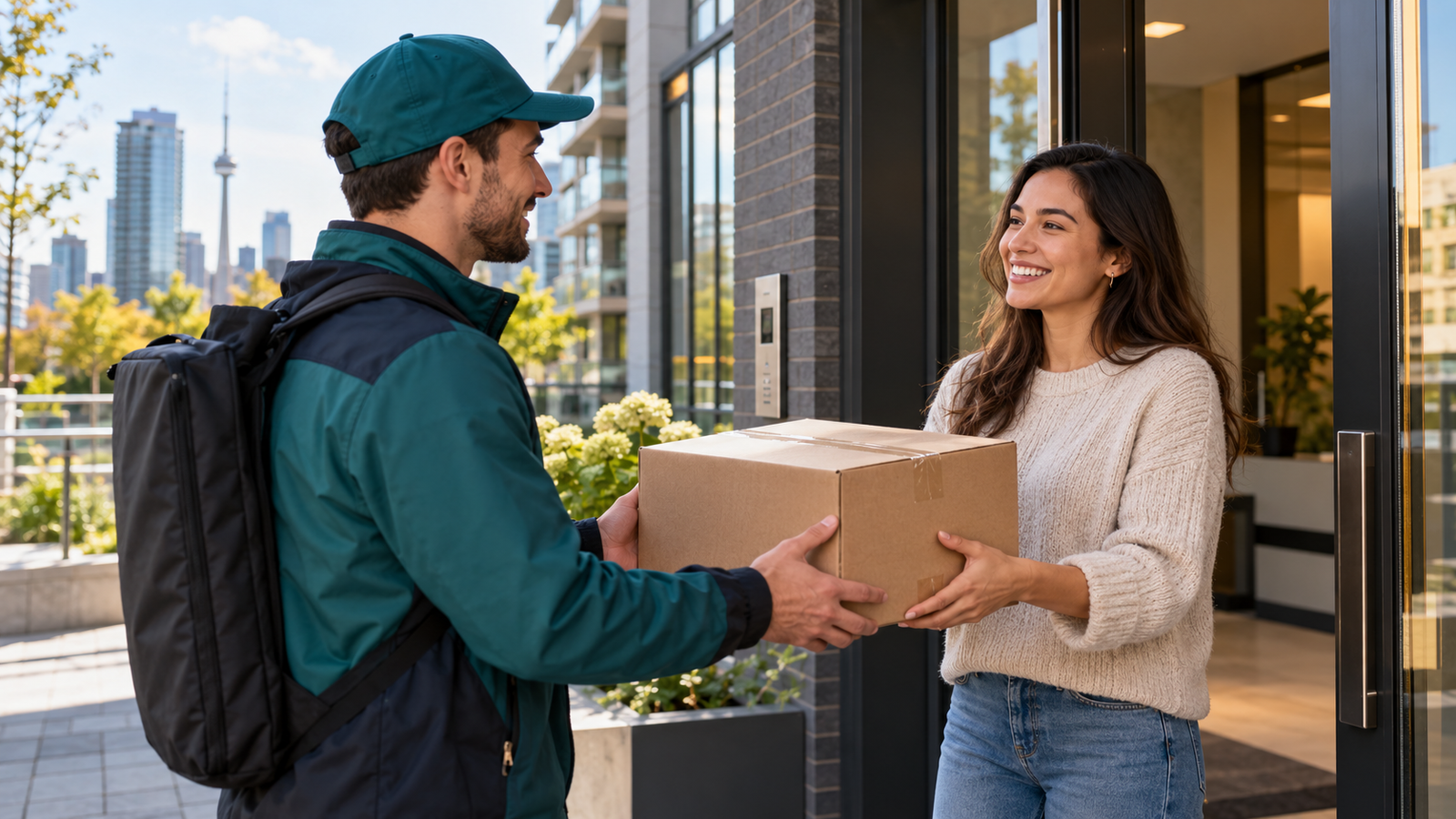 Courier handing an online retail parcel to a customer outside a Toronto condominium