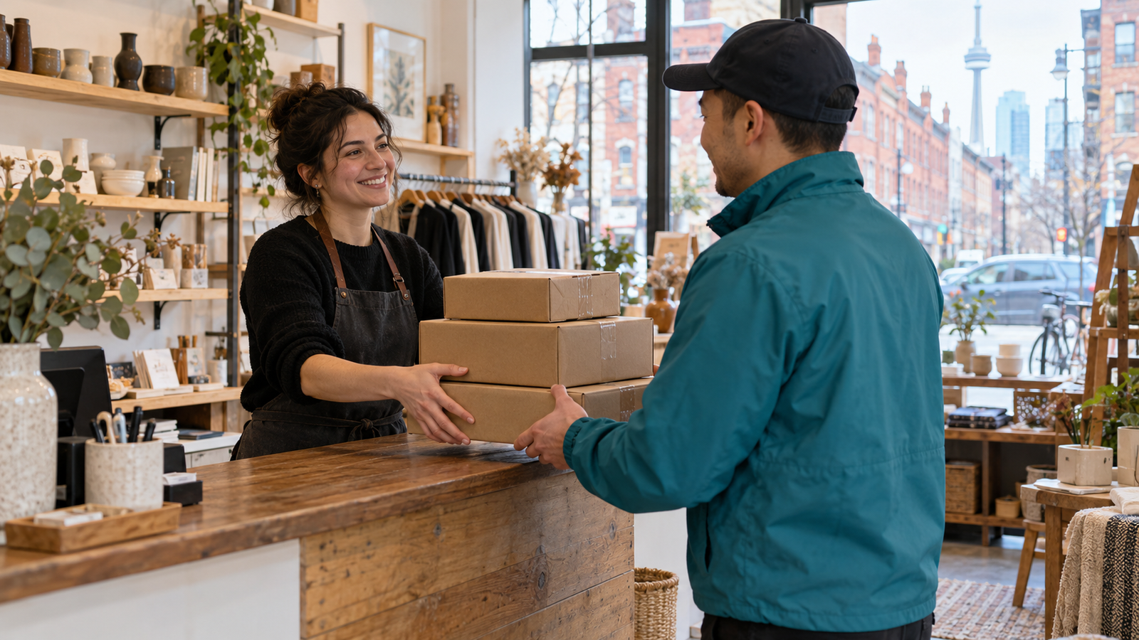 Toronto boutique owner handing prepared online-order parcels to a local courier.