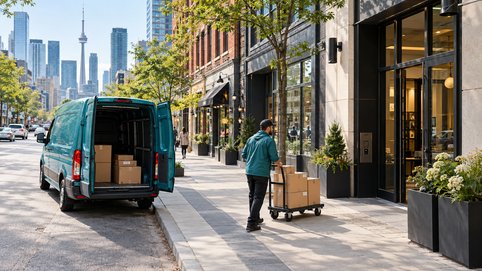 Courier completing a multi-stop business delivery route in downtown Toronto