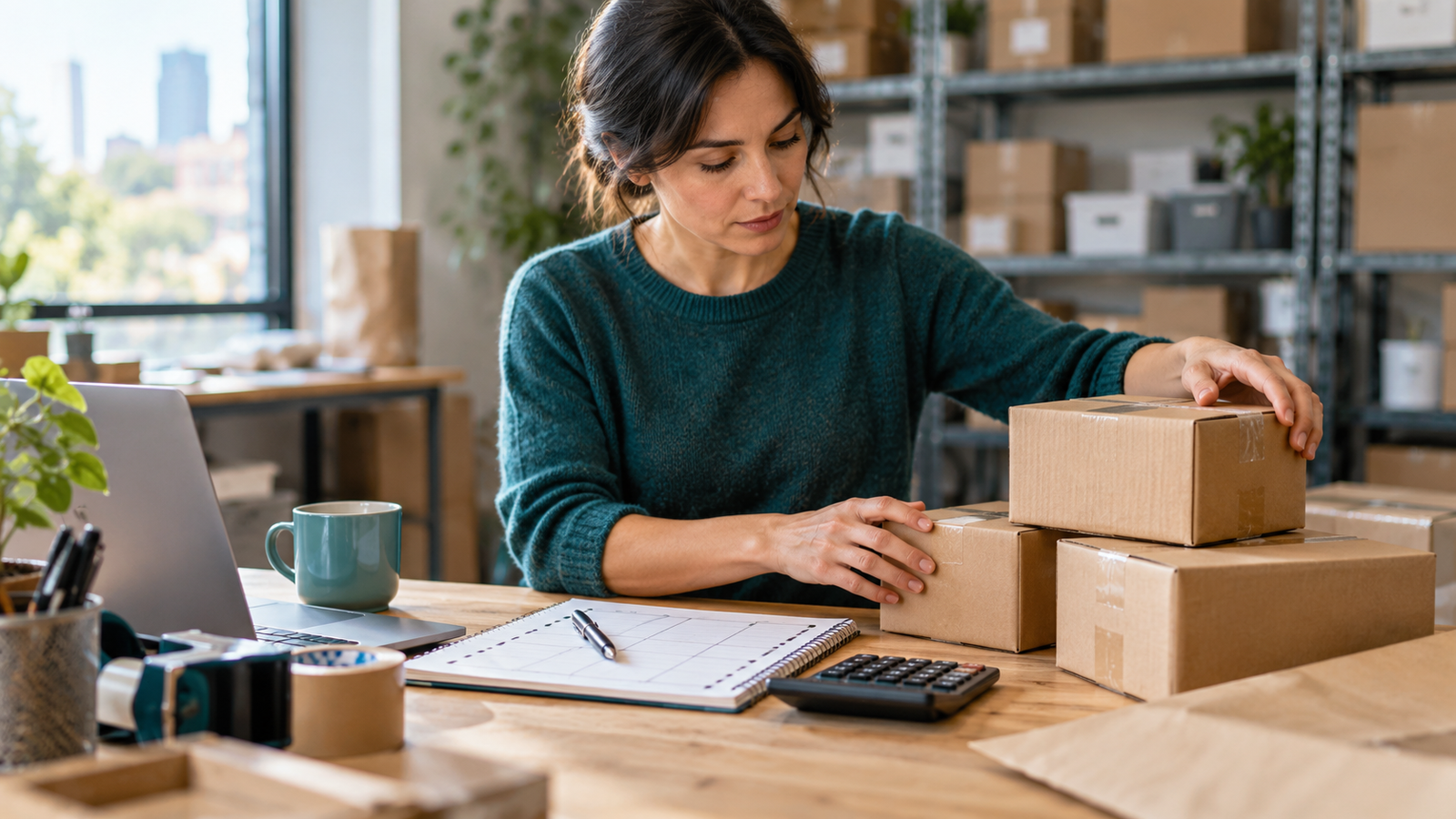 Toronto business owner reviewing a weekly parcel schedule and packages at a packing table
