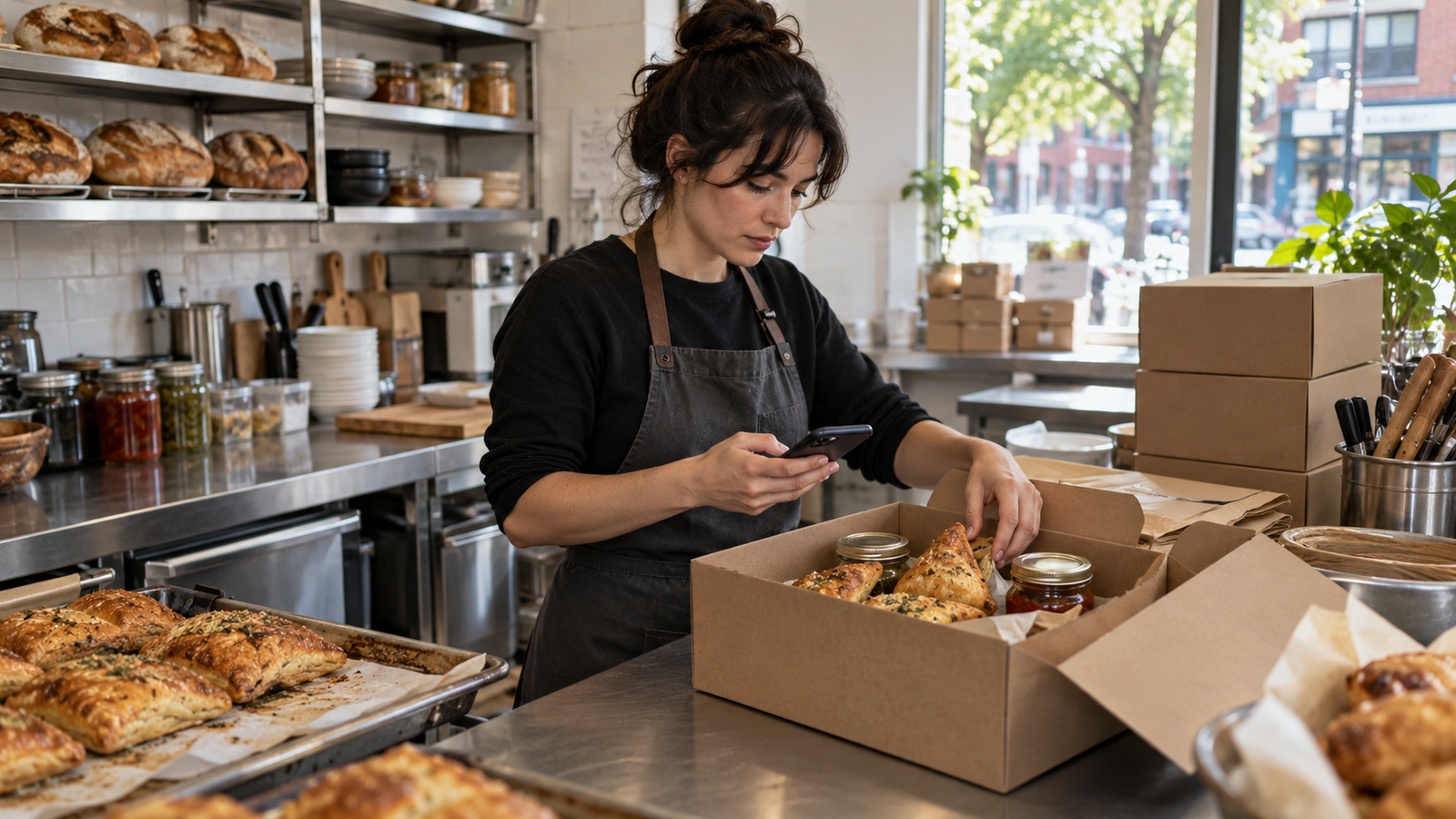 Illustrative image of a small Toronto food producer packing savoury pastries and jars into a sealed local delivery box