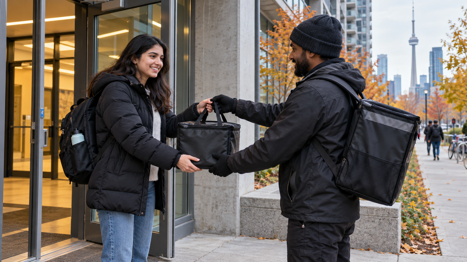 Illustrative image of a Toronto student receiving a sealed tiffin meal bag from a courier outside a residence building