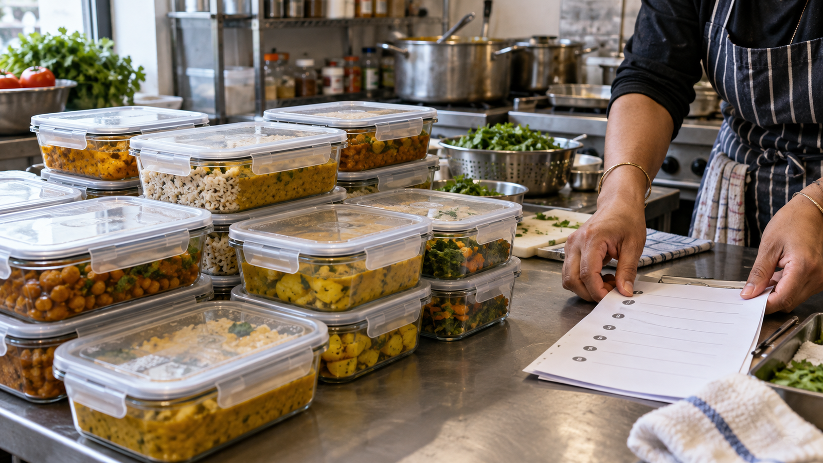 Illustrative image of a home-style meal kitchen organizing sealed reusable containers for a multi-stop lunch delivery route