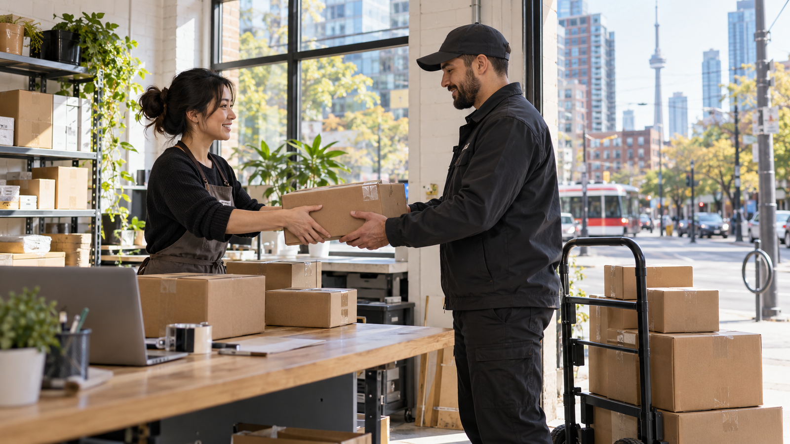 Toronto retailer handing an e-commerce parcel to a local courier for GTA delivery.