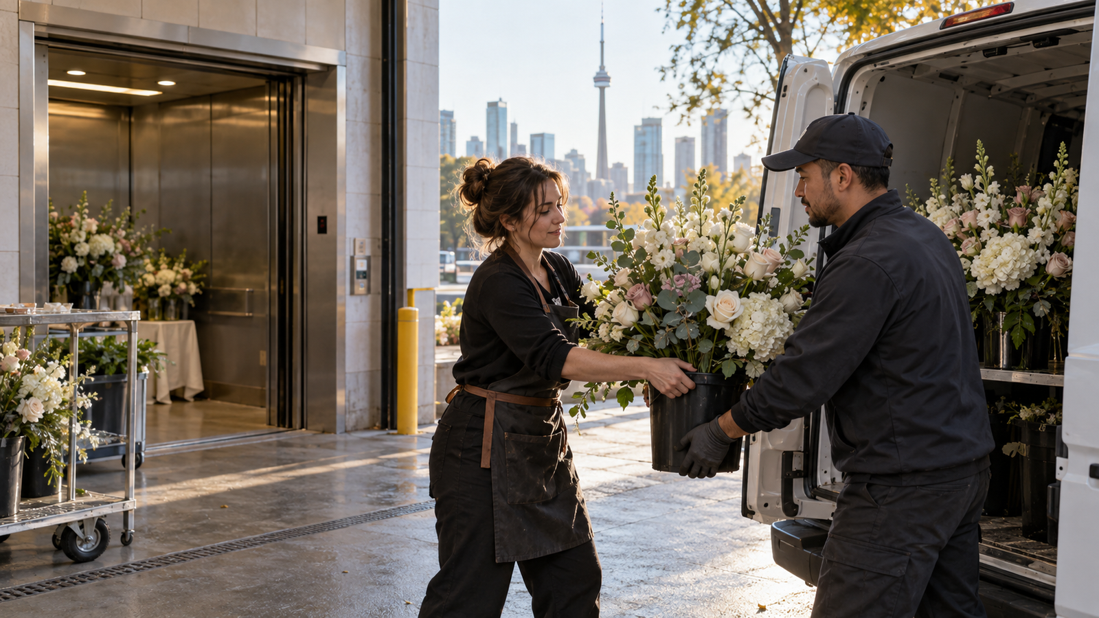 Illustrative image of wedding flower arrangements being handed to a local courier at a Toronto event venue loading entrance
