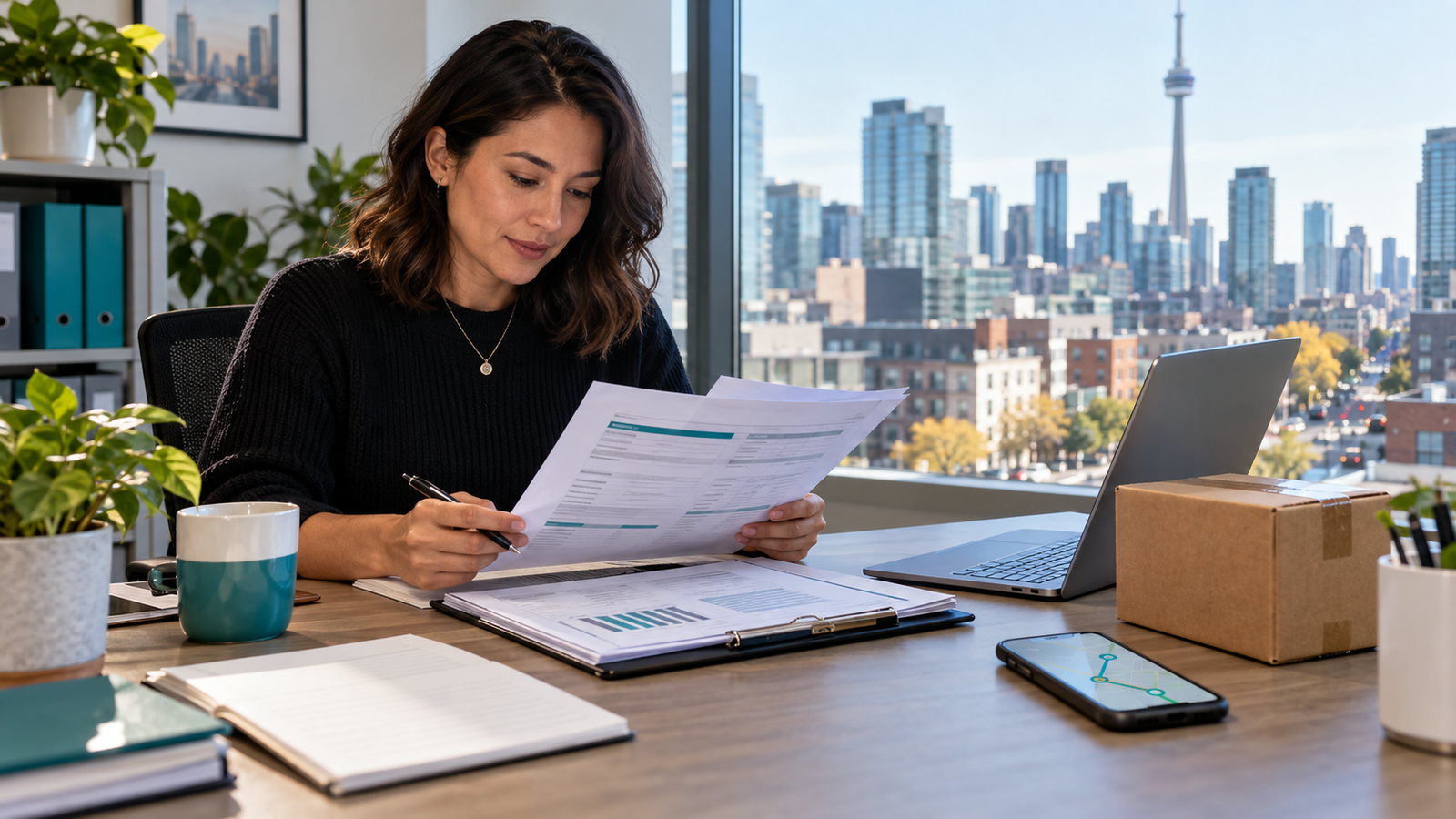 Toronto business manager reviewing courier delivery records and a billing summary at a desk.